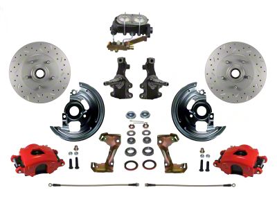 LEED Brakes Manual Front Disc Brake Conversion Kit with Side Mount Valve, 2-Inch Drop Spindles and MaxGrip XDS Rotors; Red Calipers (67-69 Firebird w/ Front Disc & Rear Drum Brakes)