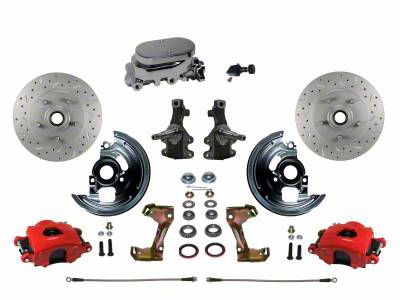 LEED Brakes Manual Front Disc Brake Conversion Kit with Chrome Master Cylinder, Adjustable Valve, 2-Inch Drop Spindles and MaxGrip XDS Rotors; Red Calipers (67-69 Firebird)