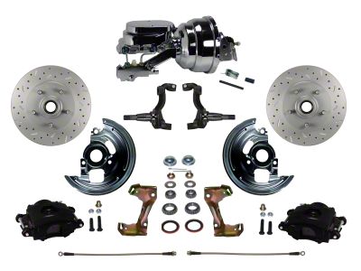 LEED Brakes Power Front Disc Brake Conversion Kit with 8-Inch Chrome Brake Booster, Side Mount Valve and MaxGrip XDS Rotors; Black Calipers (67-69 Firebird w/ Front Disc & Rear Drum Brakes)