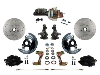 LEED Brakes Power Front Disc Brake Conversion Kit with 8-Inch Brake Booster, Adjustable Valve, 2-Inch Drop Spindles and MaxGrip XDS Rotors; Black Calipers (67-69 Firebird)