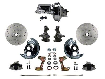 LEED Brakes Power Front Disc Brake Conversion Kit with 9-Inch Chrome Brake Booster, Flat Top Chrome Master Cylinder, Adjustable Valve, 2-Inch Drop Spindles and MaxGrip XDS Rotors; Zinc Plated Calipers (67-69 Firebird)