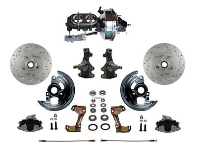 LEED Brakes Power Front Disc Brake Conversion Kit with 9-Inch Chrome Brake Booster, Chrome Top Master Cylinder, Side Mount Valve, 2-Inch Drop Spindles and MaxGrip XDS Rotors; Zinc Plated Calipers (67-69 Firebird w/ Front Disc & Rear Drum Brakes)