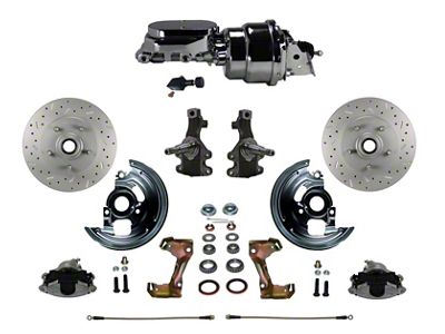 LEED Brakes Power Front Disc Brake Conversion Kit with 7-Inch Chrome Brake Booster, Flat Top Chrome Master Cylinder, Adjustable Valve, 2-Inch Drop Spindles and MaxGrip XDS Rotors; Zinc Plated Calipers (67-69 Firebird)