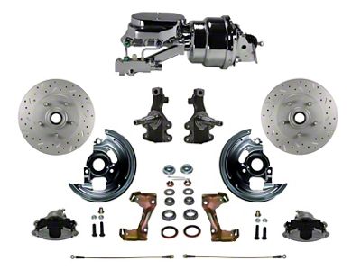 LEED Brakes Power Front Disc Brake Conversion Kit with 7-Inch Chrome Brake Booster, Flat Top Chrome Master Cylinder, Side Mount Valve, 2-Inch Drop Spindles and MaxGrip XDS Rotors; Zinc Plated Calipers (67-69 Firebird w/ Front Disc & Rear Drum Brakes)