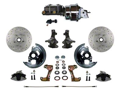 LEED Brakes Power Front Disc Brake Conversion Kit with 7-Inch Chrome Brake Booster, Chrome Top Master Cylinder, Adjustable Valve, 2-Inch Drop Spindles and MaxGrip XDS Rotors; Zinc Plated Calipers (67-69 Firebird)