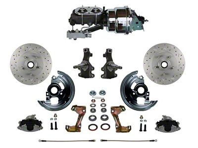 LEED Brakes Power Front Disc Brake Conversion Kit with 7-Inch Chrome Brake Booster, Chrome Top Master Cylinder, Side Mount Valve, 2-Inch Drop Spindles and MaxGrip XDS Rotors; Zinc Plated Calipers (67-69 Firebird w/ Front Disc & Rear Drum Brakes)