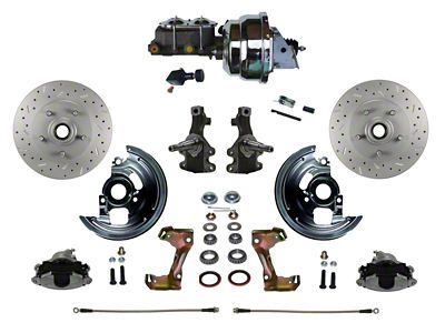 LEED Brakes Power Front Disc Brake Conversion Kit with 8-Inch Chrome Brake Booster, Chrome Top Master Cylinder, Adjustable Valve, 2-Inch Drop Spindles and MaxGrip XDS Rotors; Zinc Plated Calipers (67-69 Firebird)