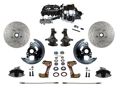 LEED Brakes Power Front Disc Brake Conversion Kit with 8-Inch Chrome Brake Booster, Chrome Top Master Cylinder, Side Mount Valve, 2-Inch Drop Spindles and MaxGrip XDS Rotors; Zinc Plated Calipers (67-69 Firebird w/ 4-Wheel Disc Brakes)