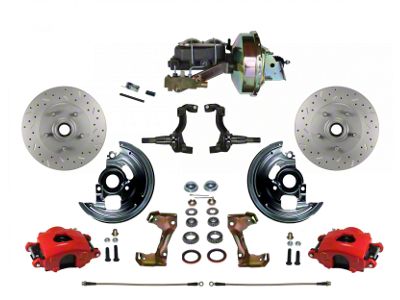 LEED Brakes Power Front Disc Brake Conversion Kit with 9-Inch Brake Booster and MaxGrip XDS Rotors; Red Calipers (67-69 Firebird w/ Front Disc & Rear Drum Brakes)