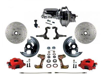 LEED Brakes Power Front Disc Brake Conversion Kit with Chrome Brake Booster, Chrome Master Cylinder, Adjustable Valve and MaxGrip XDS Rotors; REd Calipers (67-69 Firebird)