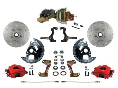 LEED Brakes Power Front Disc Brake Conversion Kit with 8-Inch Booster, Side Mount Valve and MaxGrip XDS Rotors; Red Calipers (67-69 Firebird w/ 4-Wheel Disc Brakes)