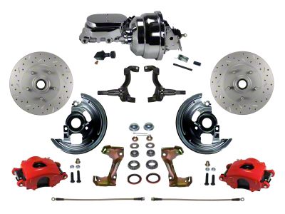 LEED Brakes Power Front Disc Brake Conversion Kit with 8-Inch Brake Booster, Adjustable Valve and MaxGrip XDS Rotors; Red Calipers (67-69 Firebird)