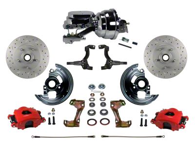 LEED Brakes Power Front Disc Brake Conversion Kit with 8-Inch Chrome Brake Booster, Side Mount Valve and MaxGrip XDS Rotors; Red Calipers (67-69 Firebird w/ Front Disc & Rear Drum Brakes)