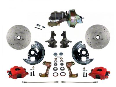 LEED Brakes Power Front Disc Brake Conversion Kit with 9-Inch Brake Booster, Side Mount Valve, 2-Inch Drop Spindles and MaxGrip XDS Rotors; Red Calipers (67-69 Firebird w/ Front Disc & Rear Drum Brakes)