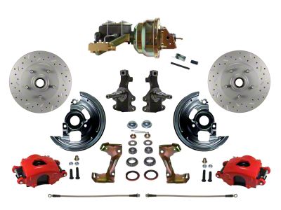 LEED Brakes Power Front Disc Brake Conversion Kit with 8-Inch Brake Booster, Side Mount Valve, 2-Inch Drop Spindles and MaxGrip XDS Rotors; Red Calipers (67-69 Firebird w/ 4-Wheel Disc Brakes)