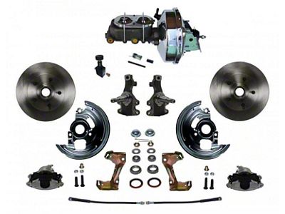 LEED Brakes Power Front Disc Brake Conversion Kit with 9-Inch Chrome Brake Booster, Chrome Top Master Cylinder, Adjustable Valve, 2-Inch Drop Spindles and Vented Rotors; Zinc Plated Calipers (67-69 Firebird)