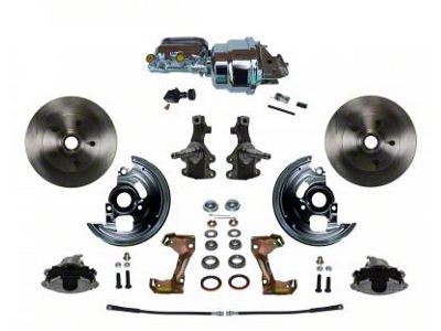 LEED Brakes Power Front Disc Brake Conversion Kit with 7-Inch Chrome Brake Booster, Flat Top Chrome Master Cylinder, Adjustable Valve, 2-Inch Drop Spindles and Vented Rotors; Zinc Plated Calipers (67-69 Firebird)