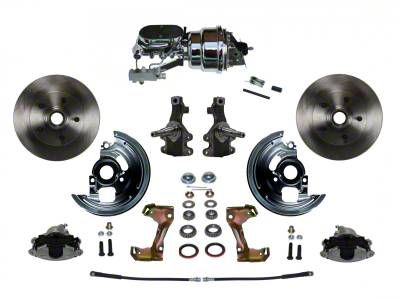 LEED Brakes Power Front Disc Brake Conversion Kit with 7-Inch Chrome Brake Booster, Flat Top Chrome Master Cylinder, Side Mount Valve, 2-Inch Drop Spindles and Vented Rotors; Zinc Plated Calipers (67-69 Firebird w/ Front Disc & Rear Drum Brakes)