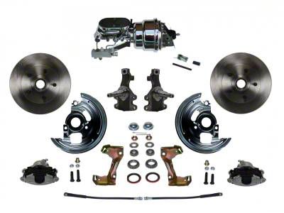 LEED Brakes Power Front Disc Brake Conversion Kit with 7-Inch Chrome Brake Booster, Flat Top Chrome Master Cylinder, Side Mount Valve, 2-Inch Drop Spindles and Vented Rotors; Zinc Plated Calipers (67-69 Firebird w/ 4-Wheel Disc Brakes)