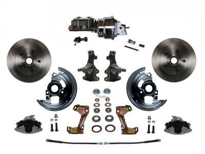 LEED Brakes Power Front Disc Brake Conversion Kit with 7-Inch Chrome Brake Booster, Chrome Top Master Cylinder, Adjustable Valve, 2-Inch Drop Spindles and Vented Rotors; Zinc Plated Calipers (67-69 Firebird)