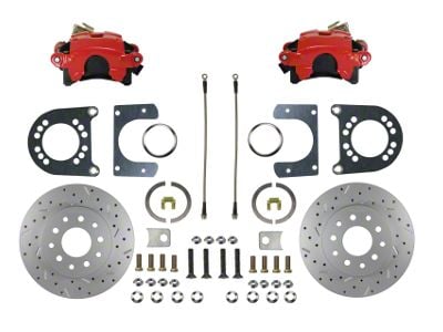 LEED Brakes Rear Disc Brake Conversion Kit with MaxGrip XDS Rotors for Ford 8 and 9-Inch Small Bearing Rear Axles; Red Calipers (64-73 Mustang)