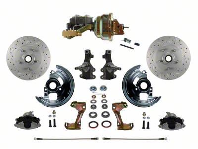 LEED Brakes Power Front Disc Brake Conversion Kit with 9-Inch Brake Booster, Side Mount Valve, 2-Inch Drop Spindles and MaxGrip XDS Rotors; Zinc Plated Calipers (64-72 GTO, LeMans, Tempest w/ Front Disc & Rear Drum Brakes)