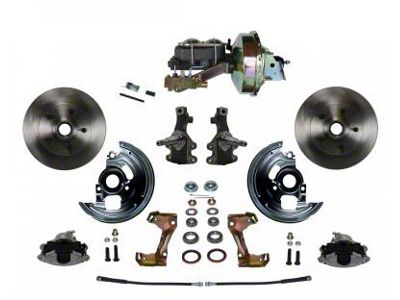 LEED Brakes Power Front Disc Brake Conversion Kit with 9-Inch Brake Booster, Side Mount Valve, 2-Inch Drop Spindles and Vented Rotors; Zinc Plated Calipers (64-72 442, Cutlass, F85, Vista Cruiser w/ 4-Wheel Disc Brakes)