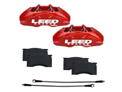 LEED Brakes MaxGrip Lite 4-Piston Front Brake Calipers with Semi-Metallic Brake Pads; Red (64-67 V8 Mustang w/ Front Disc Brakes & 5-Lug)