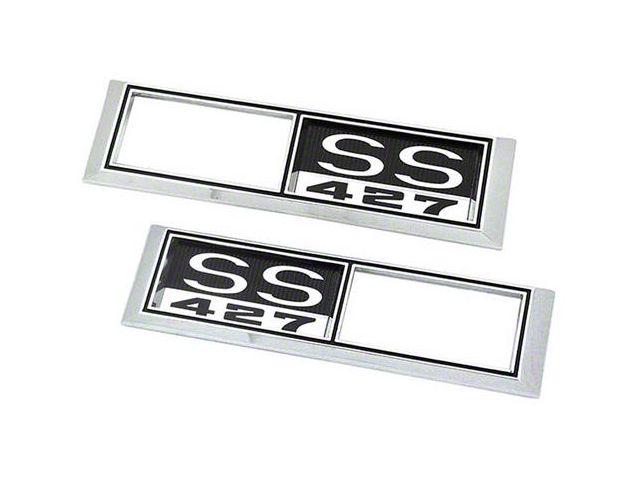 Front Side Marker Bezels with SS 427 Logo; Chrome with Black and White Background (1968 Biscayne, Caprice, Impala)