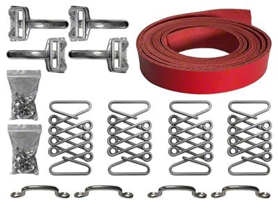 LimeWorks Vintage Hot Rod Hood Strap Stainless Steel Kit; Red Leather (28-31 Model A, Model AA)