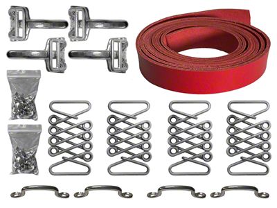 LimeWorks Vintage Hot Rod Hood Strap Stainless Steel Kit; Red Leather (32-48 Ford Car, Ford Truck)