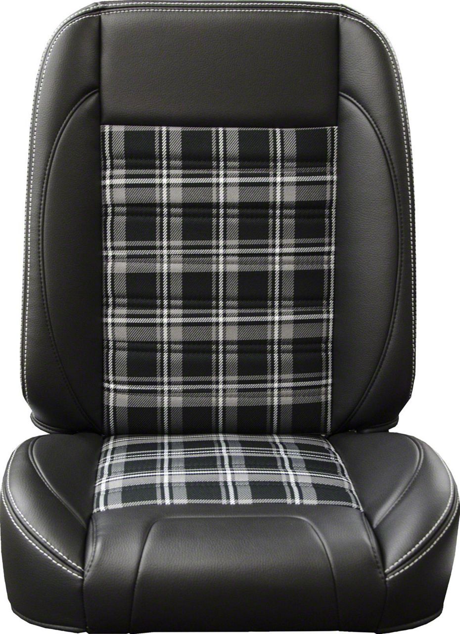 TMI Pro-Classic Universal Sport Low Back Seats; Charcoal Black Verona Vinyl  with Gray and Black Plaid Cloth and White Stitching (Universal; Some ...