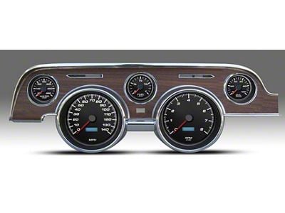 New Vintage USA Performance II Series Direct Fit Gauge and Wiring Kit; Black and Woodgrain (67-68 Mustang)