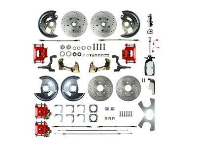 The Right Stuff Detailing Street Series 4-Wheel Manual Disc Brake Conversion Kit with Chrome Brake Booster/Master Cylinder; Red Calipers (68-74 Chevy II, Nova w/ Staggered Shocks)