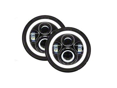 Quake LED Tempest 7-Inch Headlights with White DRL Halo and Amber Turn Signal; Black Housing; Clear Lens (70-76 Firebird)