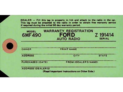 Radio Warranty Tag - Ford