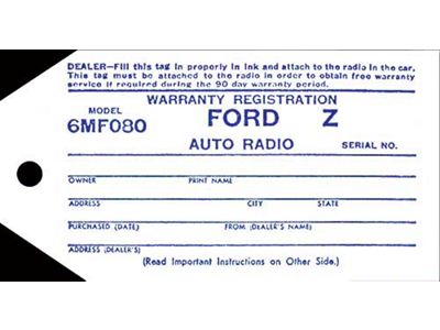 Radio Warranty Tag - Ford