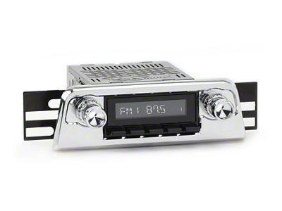 RetroSound RetroRadio Motor 1 Radio with Black Face, Black Push Buttons, Installation Faceplate, Chrome Knobs and Vintage Ford Logo Overlay (61-63 Thunderbird)