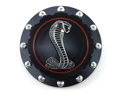 Scott Drake Billet Fuel Cap with Cobra Emblem; Anodized Black (64-73 Mustang)