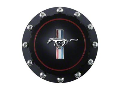 Scott Drake Billet Fuel Cap with Tri-Bar Running Pony; Anodized Black (64-73 Mustang)