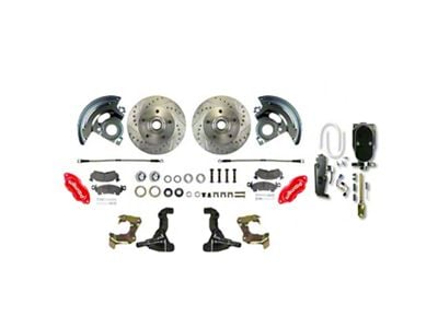 The Right Stuff Detailing Performance Series Front Manual Disc Brake Conversion Kit with Black Brake Booster/Master Cylinder; Red Calipers (64-72 Skylark)