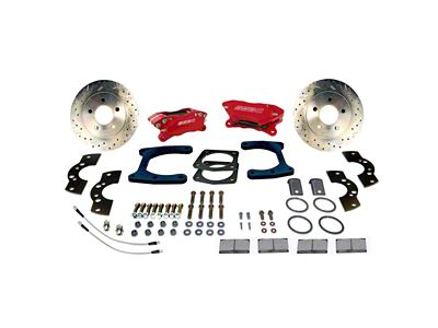 SSBC-USA Comp S 4-Piston Rear Disc Brake Conversion Kit with Cross-Drilled/Slotted Rotors for Ford 9-Inch Small Bearing; Red Calipers (63-72 Country Sedan, Country Squire, Custom, Custom 500, Galaxie, Galaxie 500)