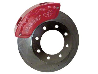 SSBC-USA Barbarian Rear 8-Piston Direct Fit Caliper and Semi-Metallic Brake Pad Upgrade Kit with Cross-Drilled Slotted Rotors; Red Calipers (1999 F-250)