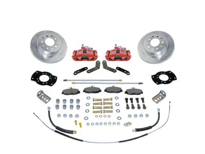 SSBC-USA Rear Disc Brake Conversion Kit with Built-In Parking Brake Assembly and Vented Rotors; Red Calipers (67-81 Camaro w/ Staggered Shocks & C-Clip Axles)