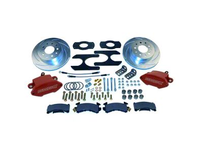 SSBC-USA Sport R1 Rear Disc Brake Conversion Kit with Built-In Parking Brake Assembly with Slotted Rotors; Red Calipers (68-81 Camaro w/ Staggered Shocks)