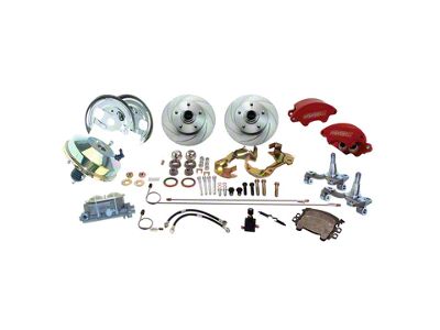 SSBC-USA Super Twin Front Power Drum to Disc Brake Conversion Kit with Spindles and Vented Rotors; Red Calipers (67-69 Camaro)