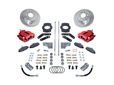 SSBC-USA Rear Disc Brake Conversion Kit with Built-In Parking Brake Assembly and Cross-Drilled/Slotted Rotors; Red Calipers (64-72 GTO, LeMans, Tempest)