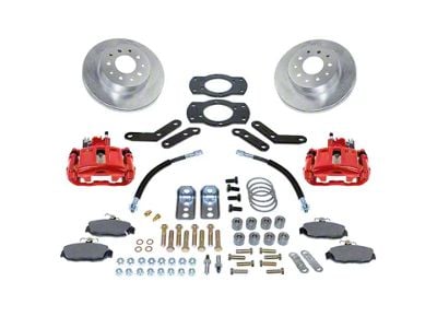 SSBC-USA Rear Disc Brake Conversion Kit with Built-In Parking Brake Assembly and Cross-Drilled/Slotted Rotors; Red Calipers (64-67 Malibu)