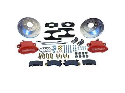 SSBC-USA Sport R1 Rear Disc Brake Conversion Kit with Built-In Parking Brake Assembly with Slotted Rotors; Red Calipers (64-67 Malibu)