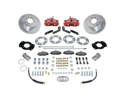 SSBC-USA Standard Rear Disc Brake Conversion Kit with Built-In Parking Brake Assembly and Cross-Drilled/Slotted Rotors for Ford 8 and 9-Inch Small Bearing; Red Calipers (68-70 Falcon)